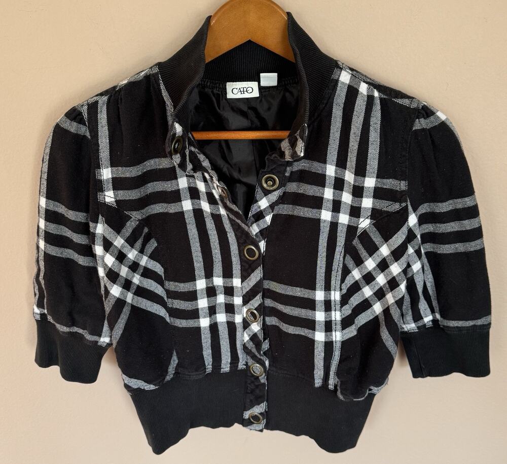 Cato Jacket Size Small Short Sleeve Plaid Black White Plaid Cropped Women's